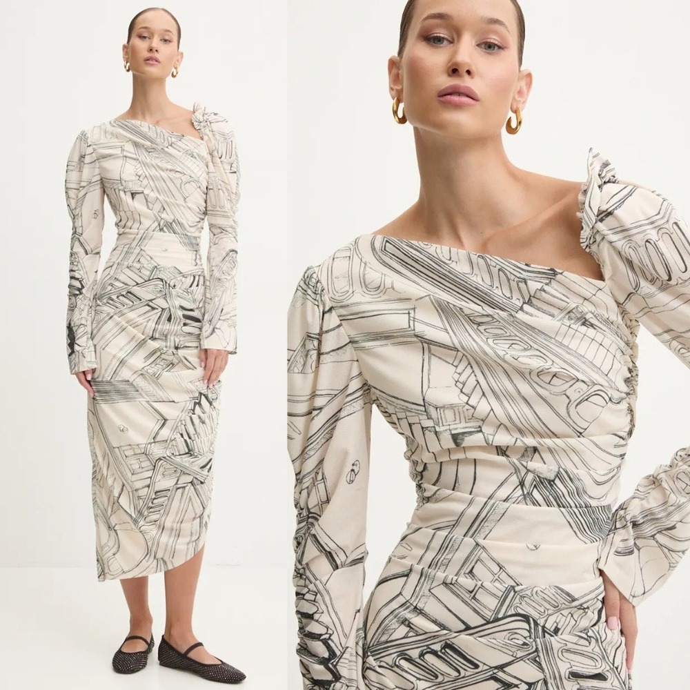 Stine Goya Dress Staircase Print Ruched Asymmetrical Long Sleeve Midi Dress Sz S